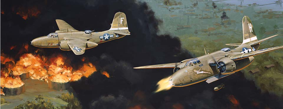 312th Bomb Group A-20s GLORIA C II and JE REVIENS over the Boela Oilfields